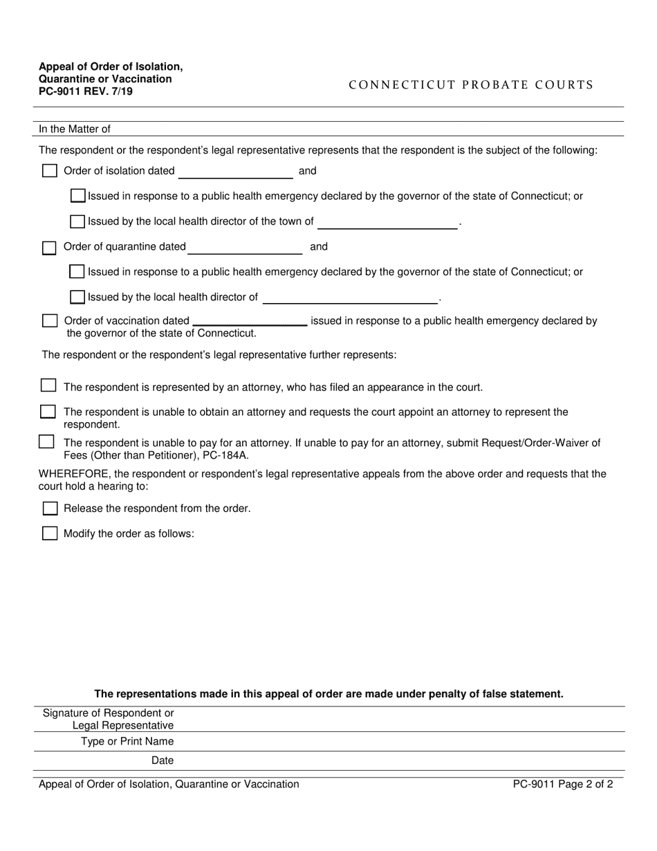 Form PC-9011 Appeal of Order of Isolation, Quarantine or Vaccination - Connecticut, Page 2