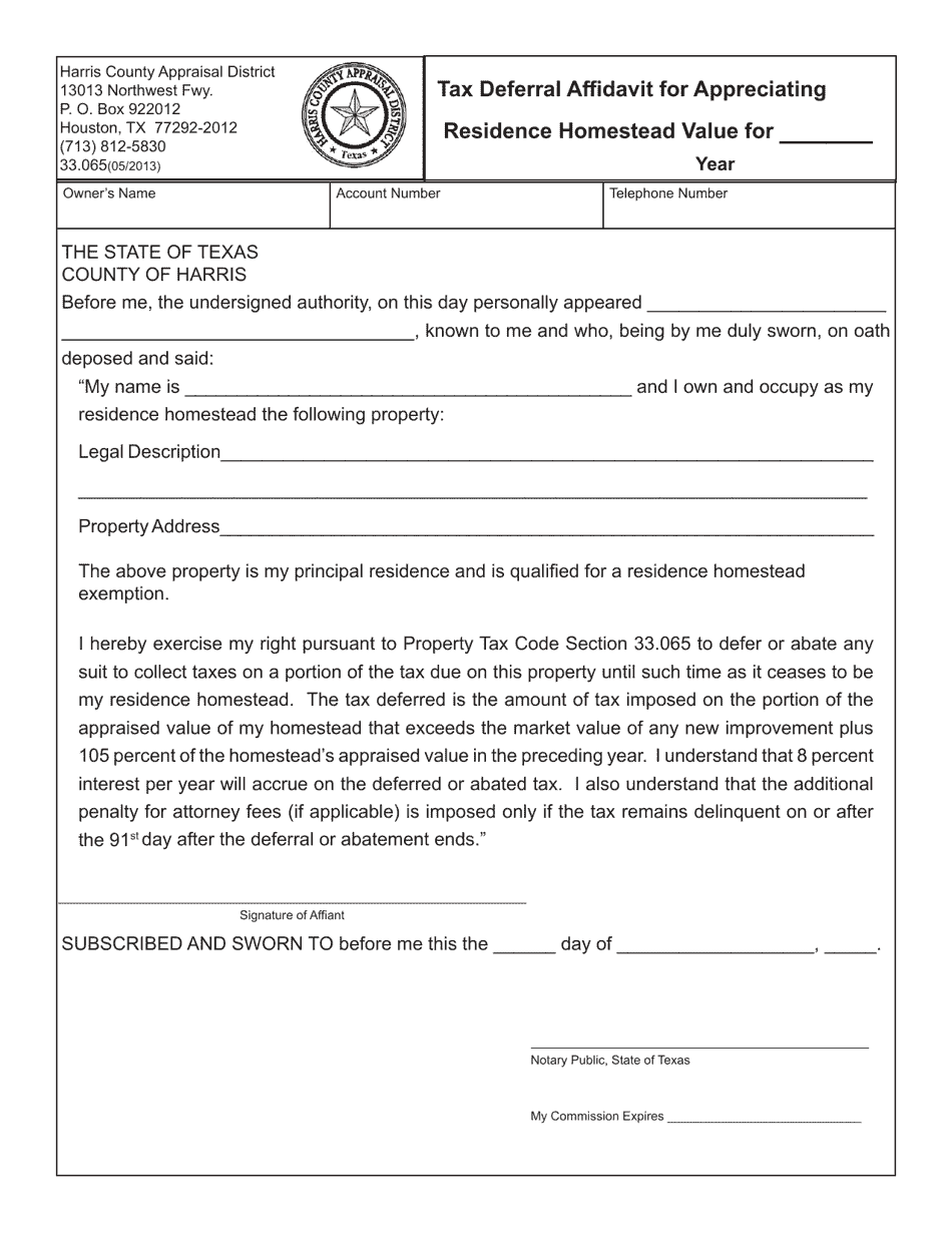 Form 33.065 Tax Deferral Affidavit for Appreciating Residence Homestead Value - Harris County, Texas, Page 1