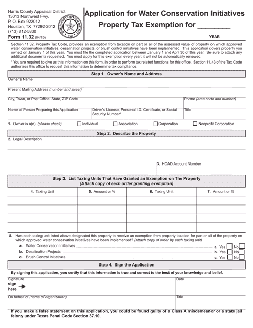 Form 11.32 Application for Water Conservation Initiatives Property Tax Exemption - Harris County, Texas