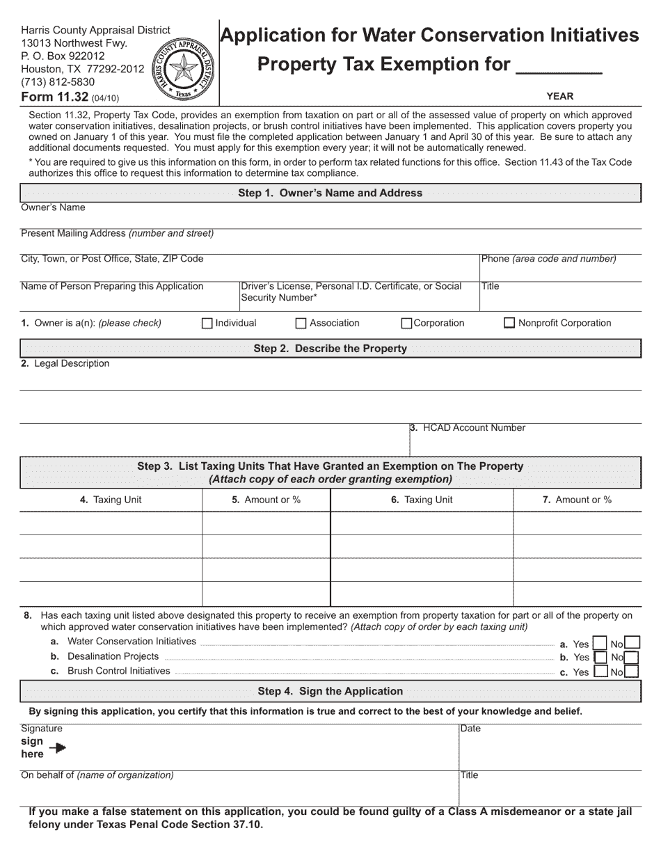 Form 11.32 Application for Water Conservation Initiatives Property Tax Exemption - Harris County, Texas, Page 1
