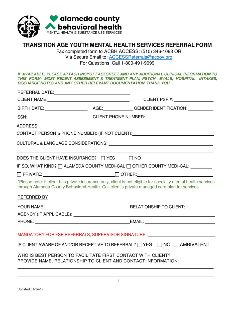 Transition Age Youth Mental Health Services Referral Form - Alameda County, California, Page 1