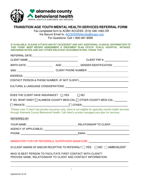 Transition Age Youth Mental Health Services Referral Form - Alameda County, California Download Pdf