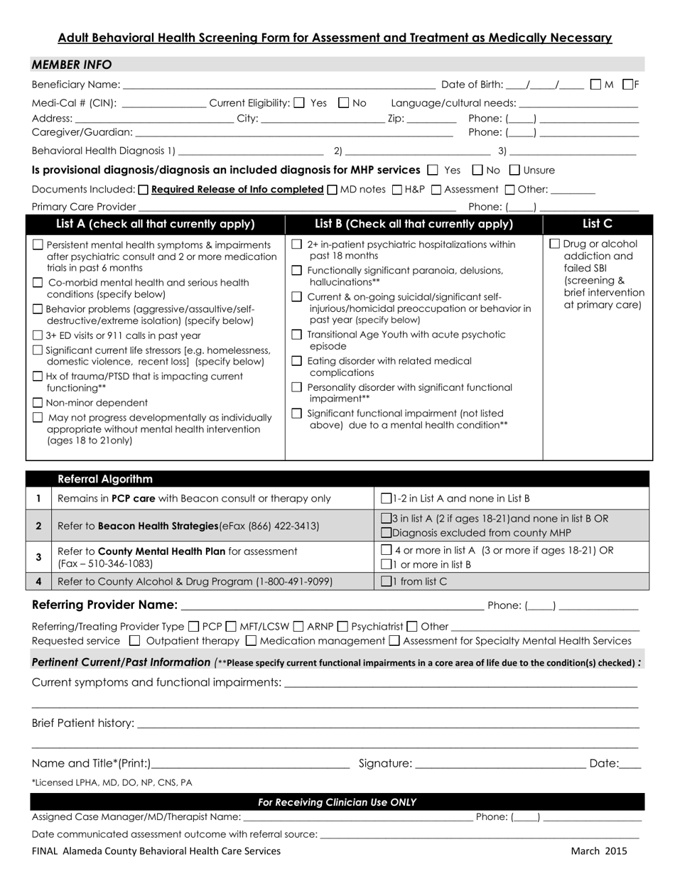 Adult Behavioral Health Screening Form for Assessment and Treatment as Medically Necessary - Alameda County, California, Page 1