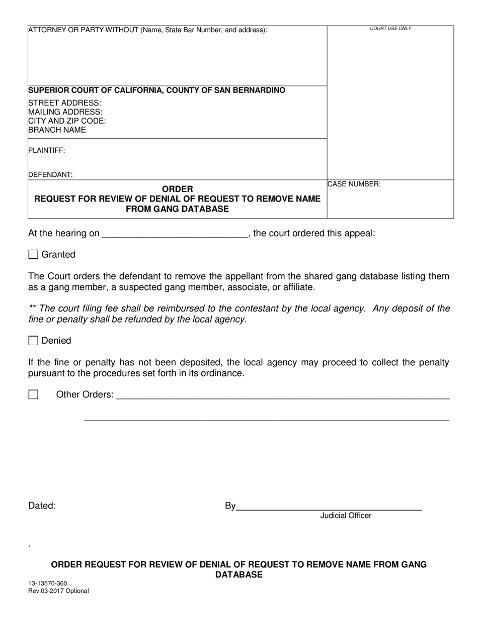 Form 13-13570-360 Order Request for Review of Denial of Request to Remove Name From Gang Database - County of San Bernardino, California, Page 1