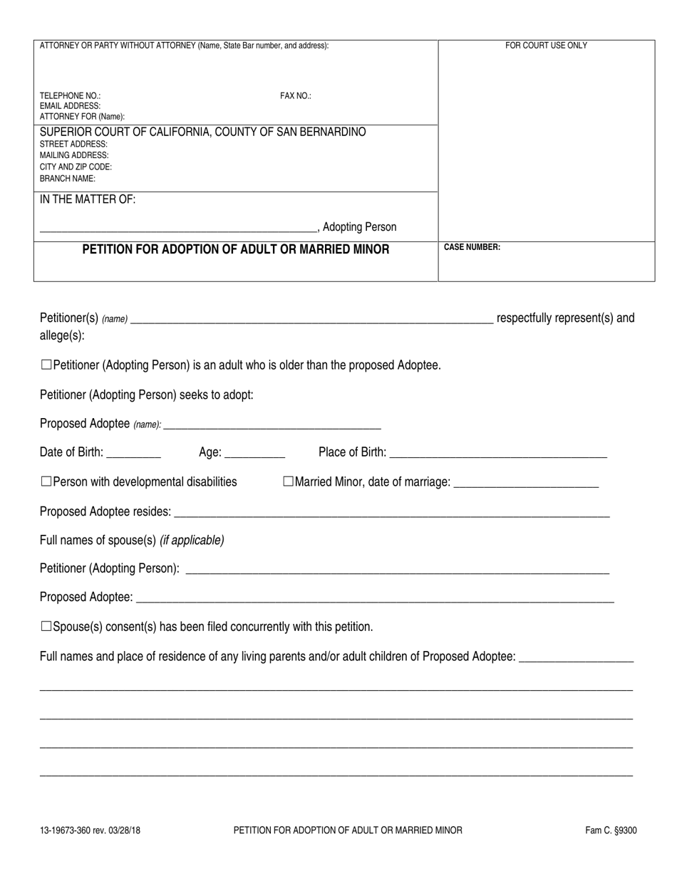 Form 13-19673-360 Petition for Adoption of Adult or Married Minor - County of San Bernardino, California, Page 1
