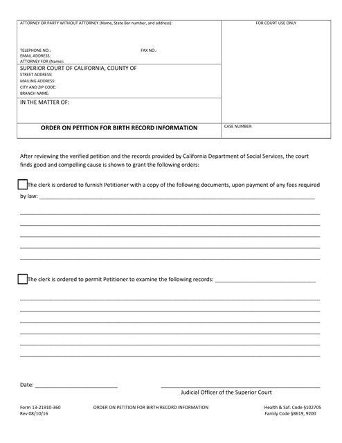 Form 13-21910-360 Order on Petition for Birth Record Information - County of San Bernardino, California
