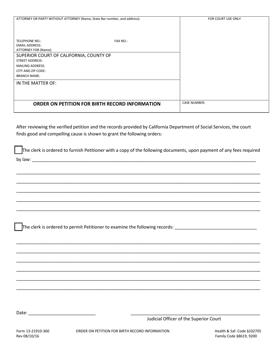 Form 13-21910-360 Order on Petition for Birth Record Information - County of San Bernardino, California, Page 1