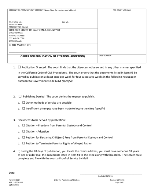 Form SB-9004 (13-9004-356) Order for Publication of Citation (Adoption) - County of San Bernardino, California