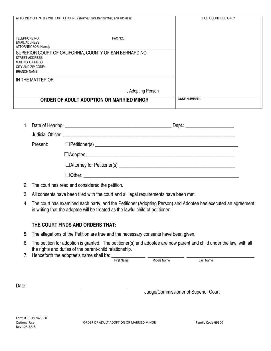 Form 13-19742-360 Order of Adult Adoption or Married Minor - County of San Bernardino, California, Page 1