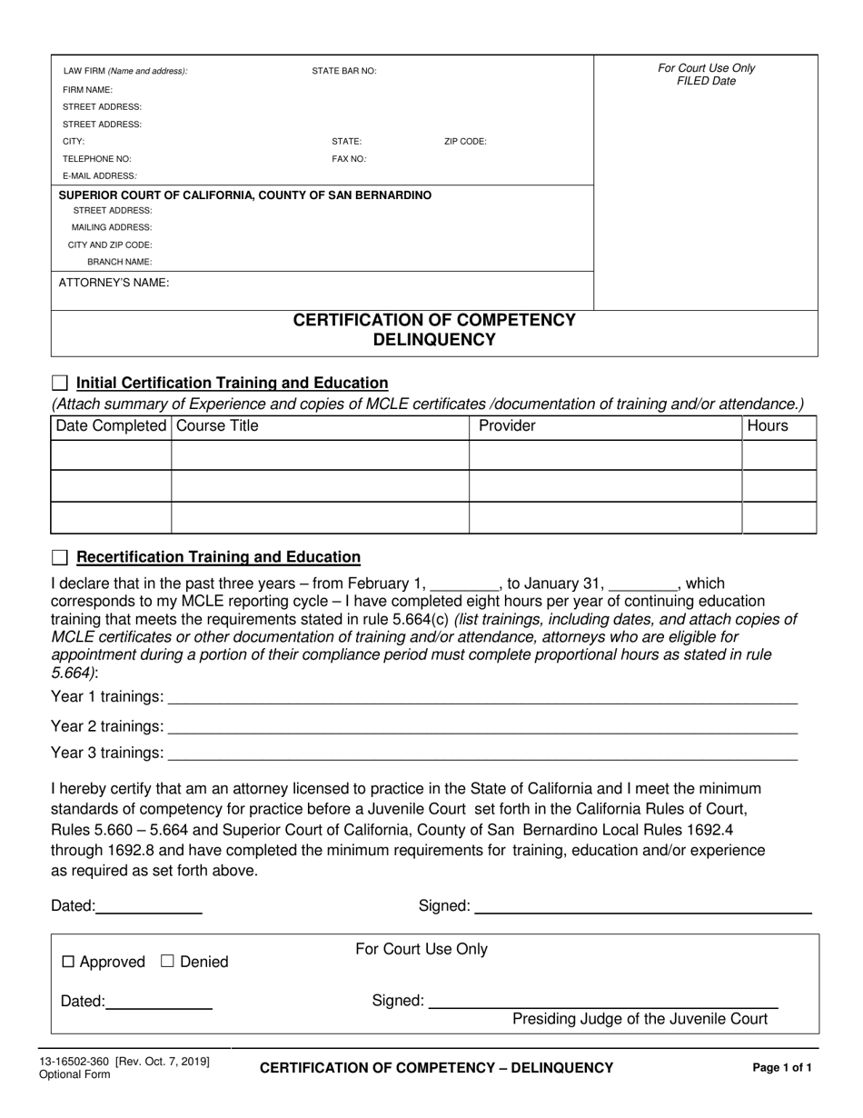 Form 13-16502-360 Certification of Competency - Delinquency - County of San Bernardino, California, Page 1