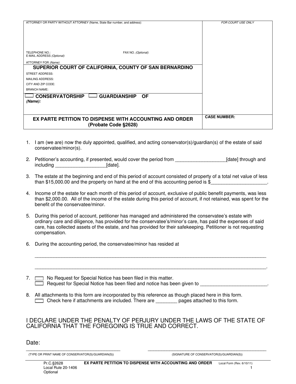 Form SB-2628 Ex Parte Petition to Dispense With Accounting and Order (Probate Code 2628) - County of San Bernardino, California, Page 1