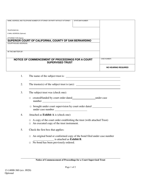 Form 13-14000-360 Notice of Commencement of Proceedings for a Court Supervised Trust - County of San Bernardino, California