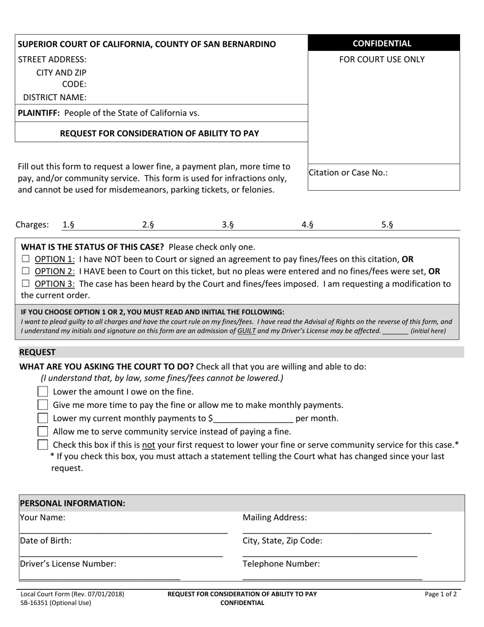Form SB-16351 Request for Consideration of Ability to Pay - County of San Bernardino, California, Page 1