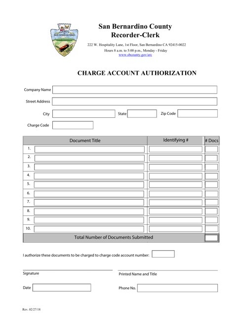 Charge Account Authorization - San Bernardino Count, California Download Pdf
