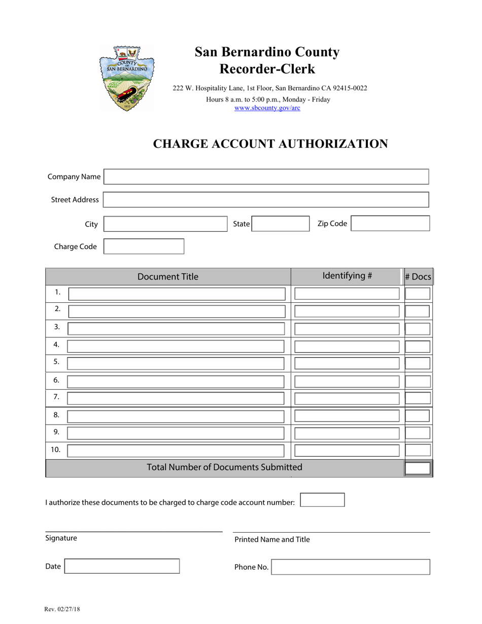 Charge Account Authorization - San Bernardino Count, California, Page 1