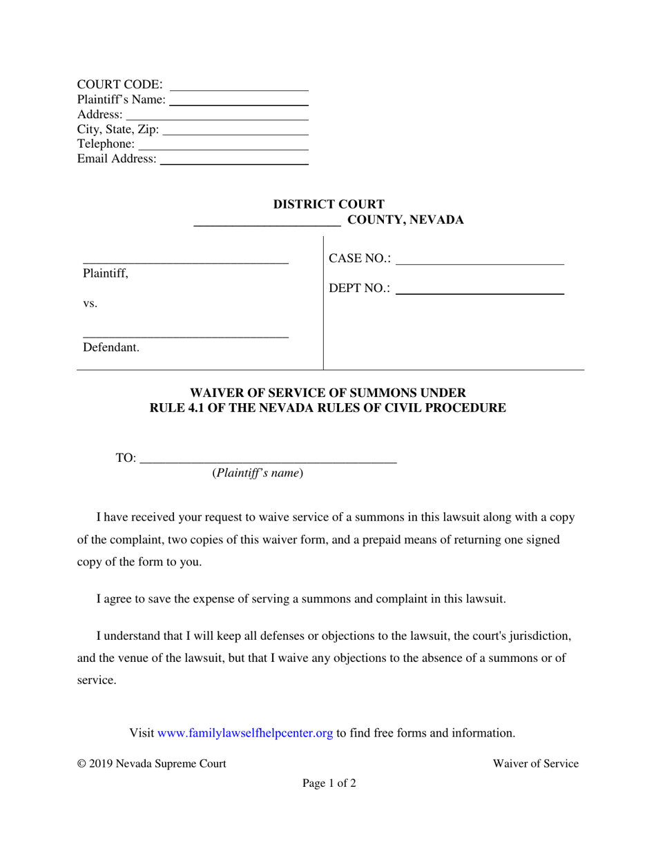 Waiver of Service of Summons Under Rule 4.1 of the Nevada Rules of Civil Procedure - Nevada, Page 1