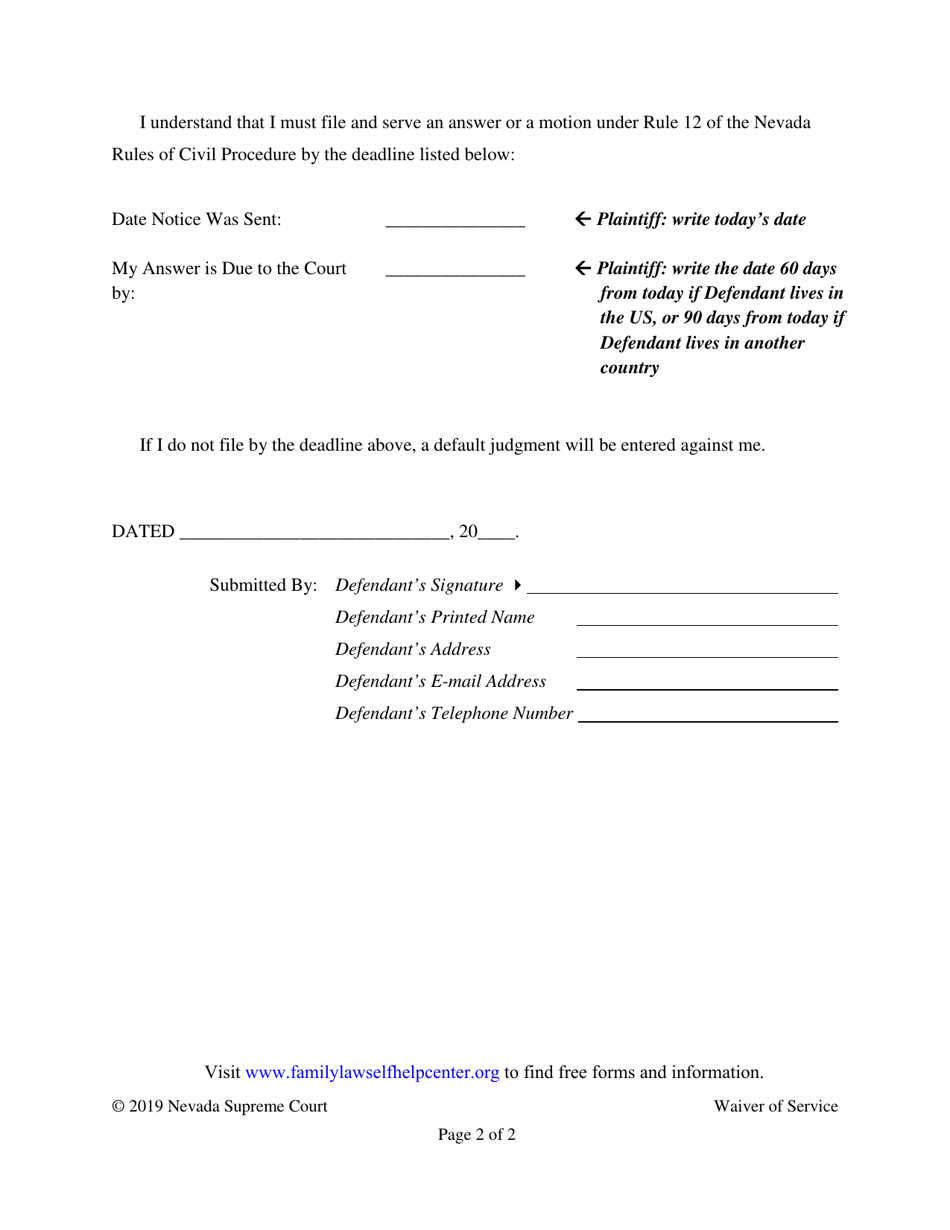 Waiver of Service of Summons Under Rule 4.1 of the Nevada Rules of Civil Procedure - Nevada, Page 2
