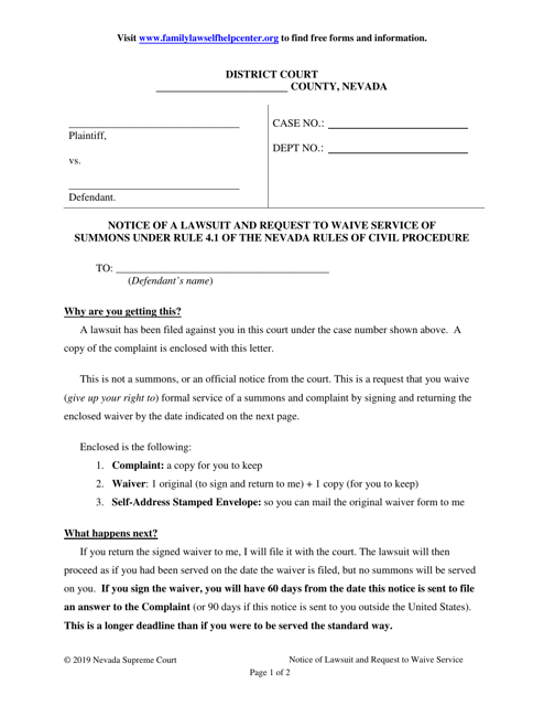 Notice of a Lawsuit and Request to Waive Service of Summons Under Rule 4.1 of the Nevada Rules of Civil Procedure - Nevada Download Pdf