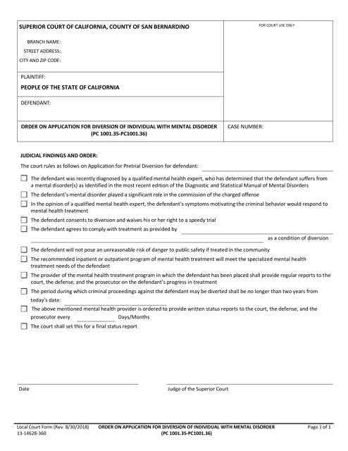 Form 13-14628-360 Order on Application for Diversion of Individual With Mental Disorder - County of San Bernardino, California