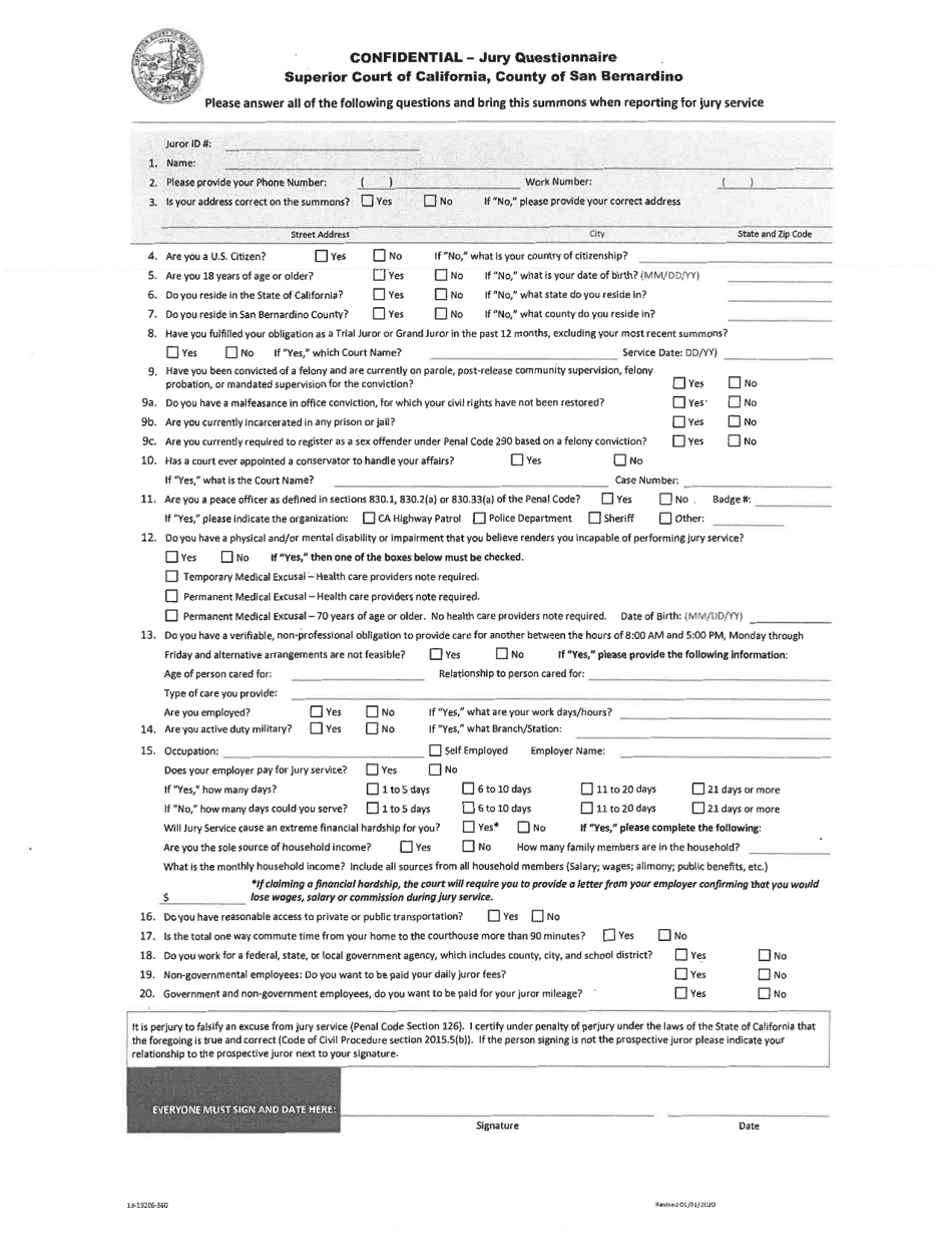 Form 13-19206-360 Jury Questionnaire - County of San Bernardino, California, Page 1