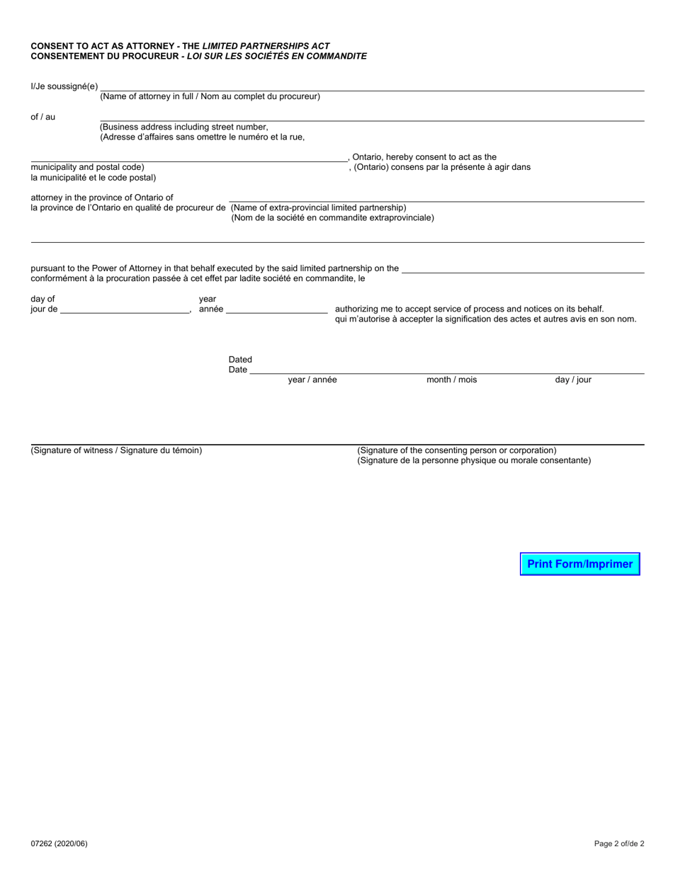 Form 4 (07262) Power of Attorney - the Limited Partnerships Act - Ontario, Canada (English / French), Page 3