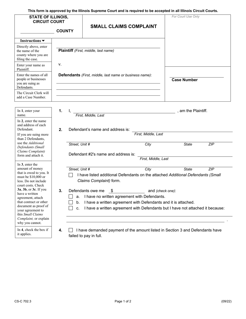 Form CS-C702.3 Small Claims Complaint - Illinois, Page 1