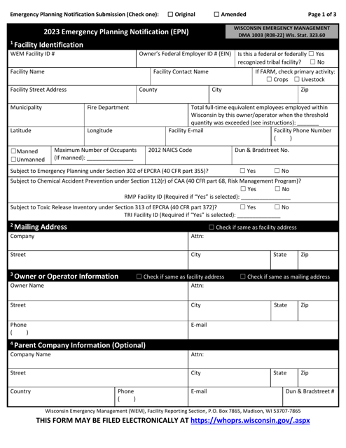 DMA Form 1003 Emergency Planning Notification (Epn) - Wisconsin, 2023