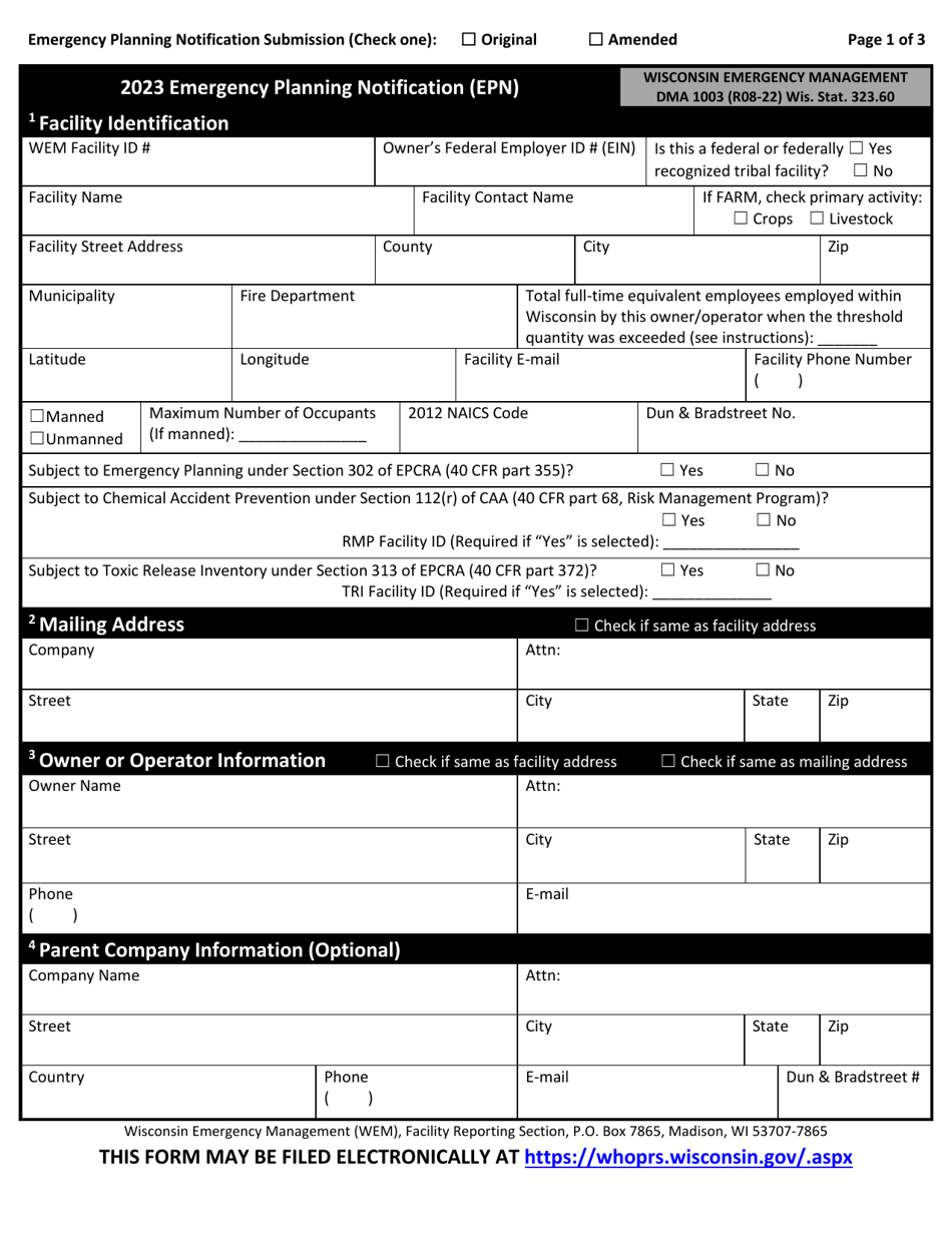 DMA Form 1003 Emergency Planning Notification (Epn) - Wisconsin, Page 1