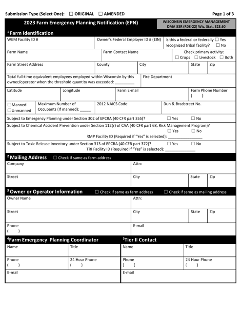 DMA Form 83R Farm Emergency Planning Notification (Epn) - Wisconsin, 2023