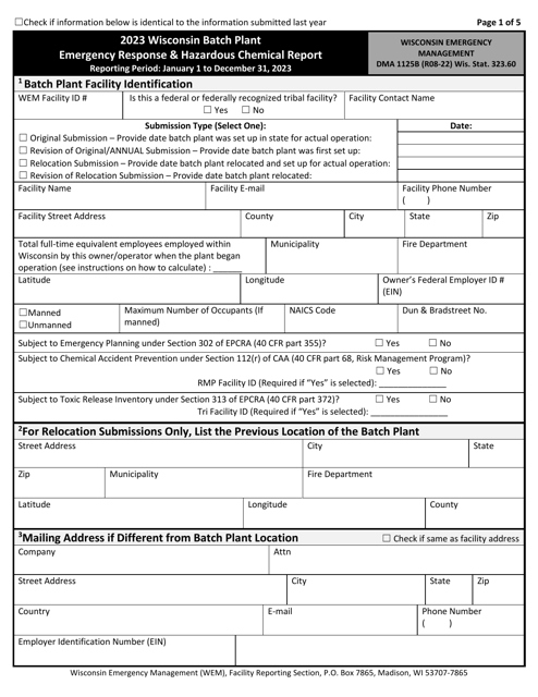 DMA Form 1125B Wisconsin Batch Plant Emergency Response &amp; Hazardous Chemical Report - Wisconsin, 2023