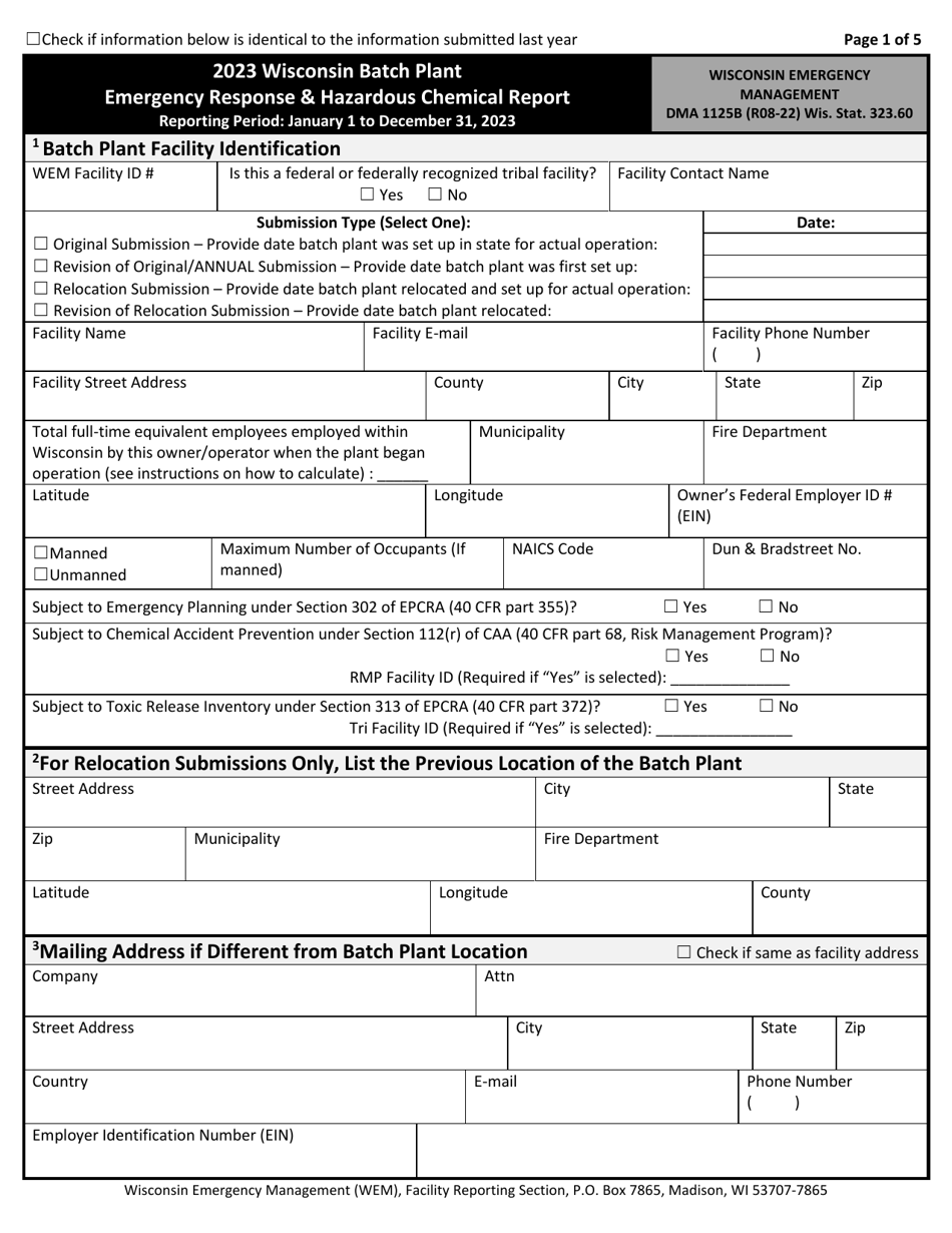 DMA Form 1125B Wisconsin Batch Plant Emergency Response  Hazardous Chemical Report - Wisconsin, Page 1