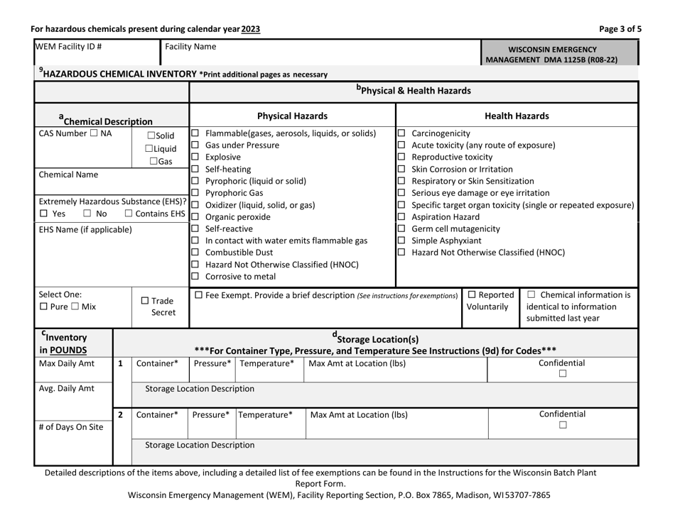 DMA Form 1125B Wisconsin Batch Plant Emergency Response  Hazardous Chemical Report - Wisconsin, Page 3