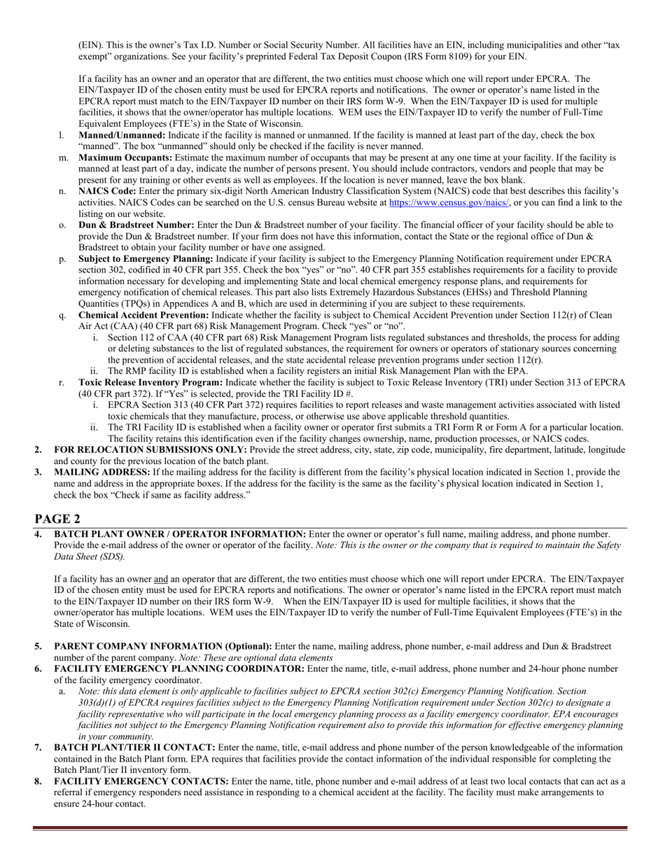 DMA Form 1125B Wisconsin Batch Plant Emergency Response  Hazardous Chemical Report - Wisconsin, Page 9