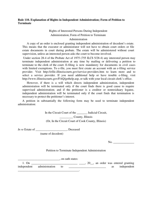 Rights of Interested Persons During Independent Administration; Form of Petition to Terminate Administration - Illinois