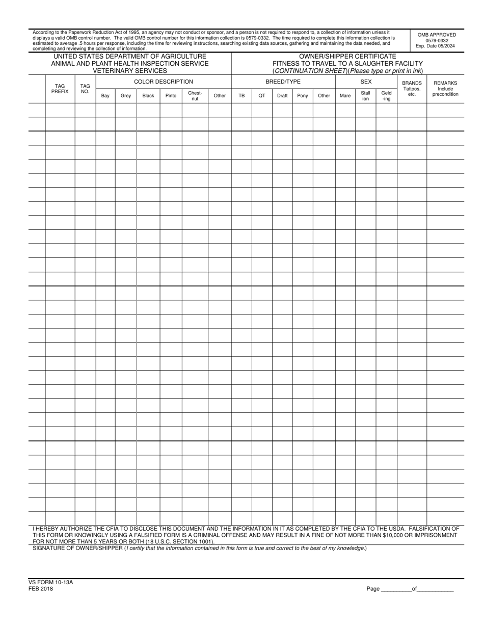VS Form 10-13A Owner / Shipper Certificate Fitness to Travel to a Slaughter Facility - Continuation Sheet, Page 1
