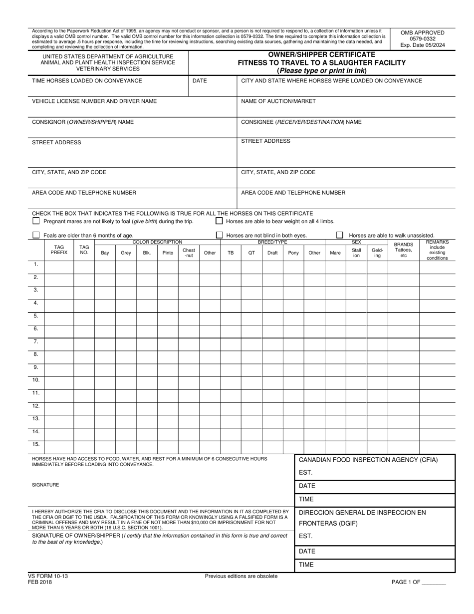 VS Form 10-13 Download Fillable PDF or Fill Online Owner/Shipper ...