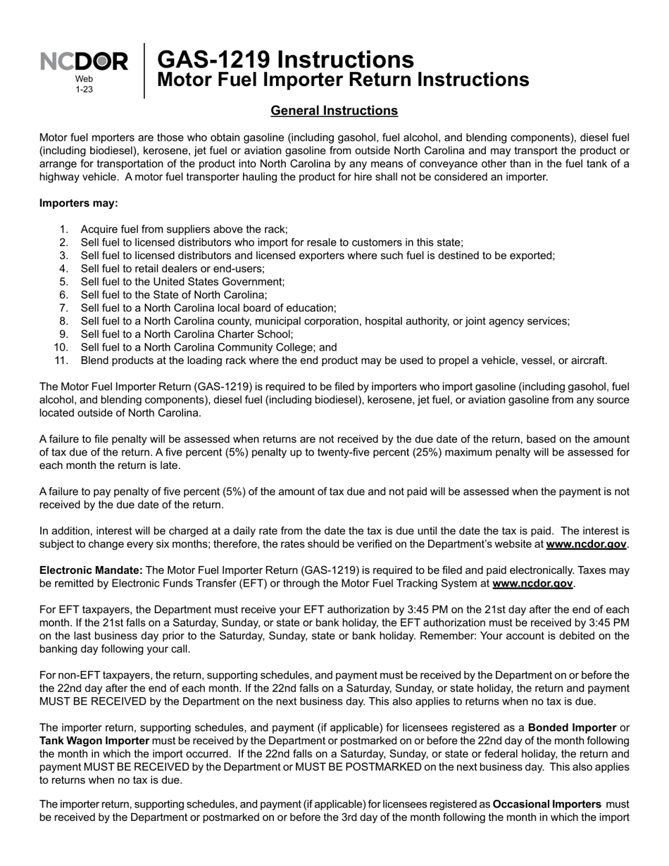Instructions for Form GAS-1219 Motor Fuel Importer Return - North Carolina, Page 1