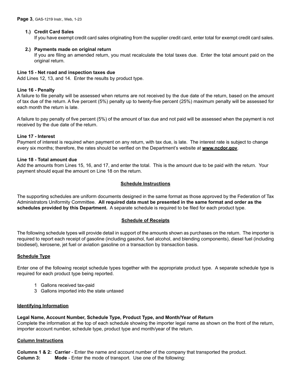 Instructions for Form GAS-1219 Motor Fuel Importer Return - North Carolina, Page 3