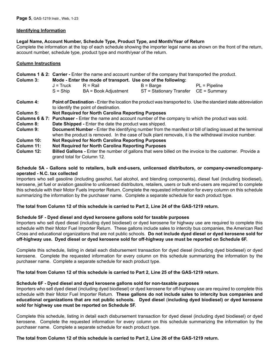 Instructions for Form GAS-1219 Motor Fuel Importer Return - North Carolina, Page 5