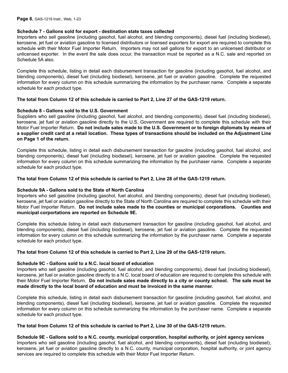 Instructions for Form GAS-1219 Motor Fuel Importer Return - North Carolina, Page 6