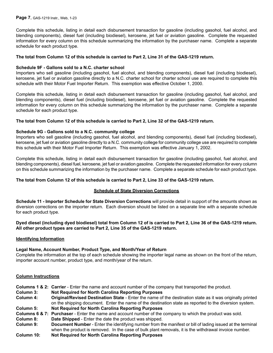Instructions for Form GAS-1219 Motor Fuel Importer Return - North Carolina, Page 7