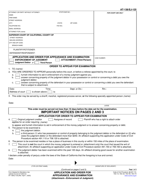 Form AT-138 (EJ-125) Application and Order for Appearance and Examination - California