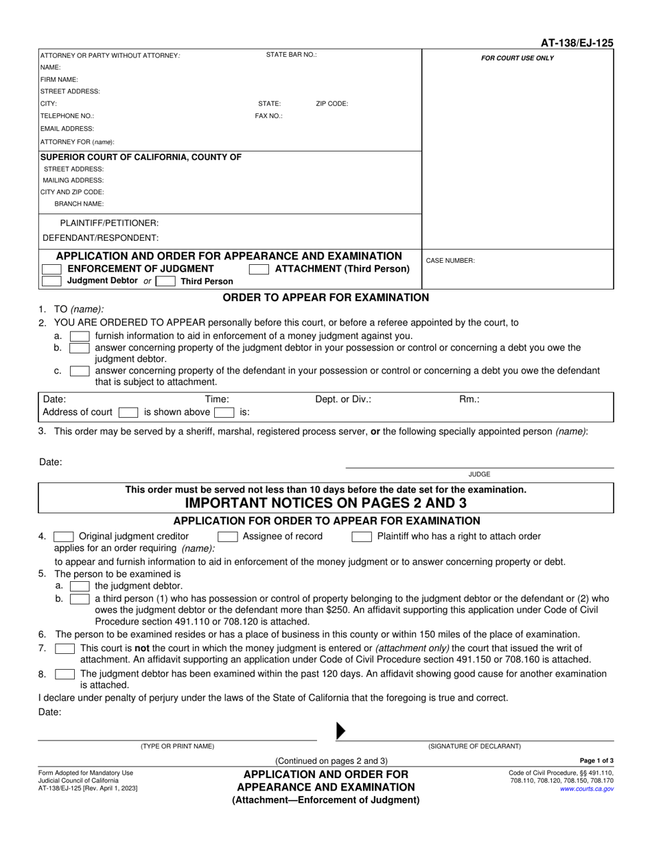 Form AT-138 (EJ-125) Download Fillable PDF or Fill Online Application ...