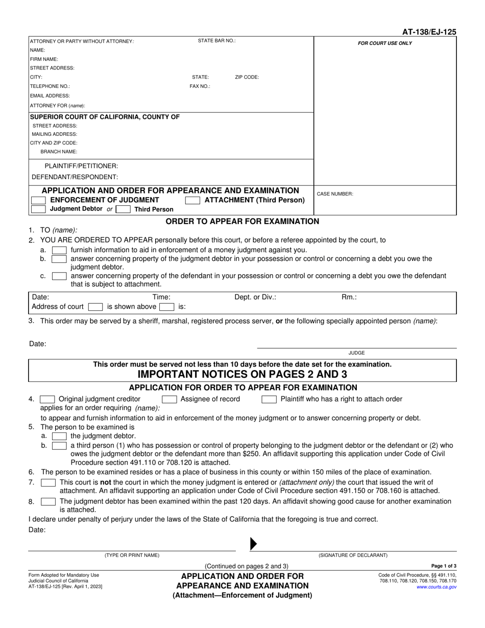 Form AT-138 (EJ-125) Application and Order for Appearance and Examination - California, Page 1