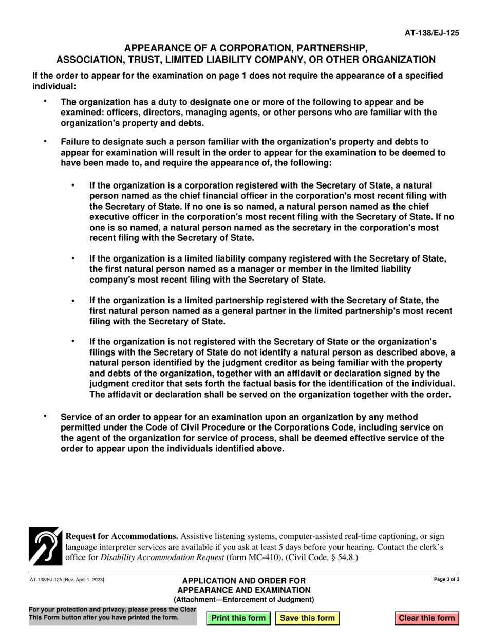 Form AT-138 (EJ-125) Application and Order for Appearance and Examination - California, Page 3
