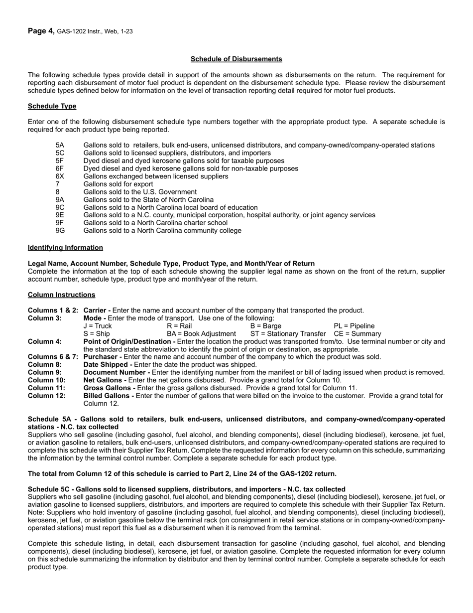 Instructions for Form GAS-1202 Motor Fuel Supplier Return - North Carolina, Page 4