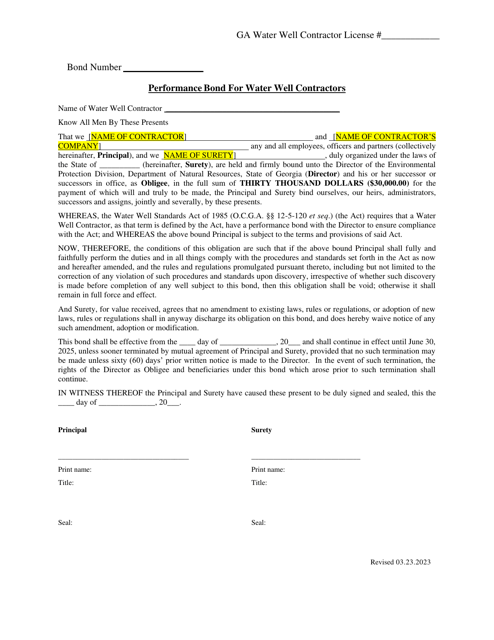 Performance Bond for Water Well Contractors/Irrevocable Letter of Credit Water Well Contractor - Georgia (United States)