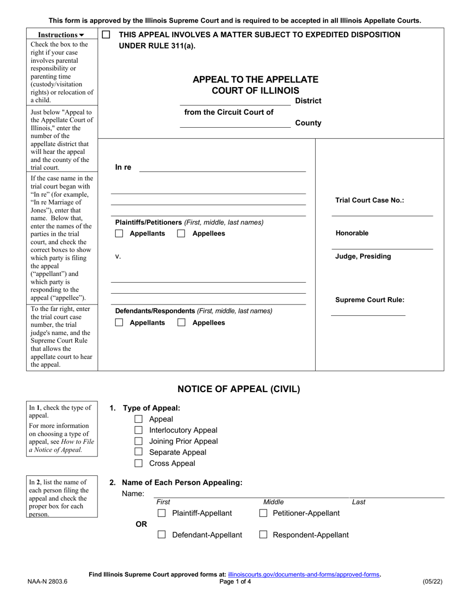 Form NAA-N2803.6 Appeal to the Appellate Court of Illinois - Illinois, Page 1