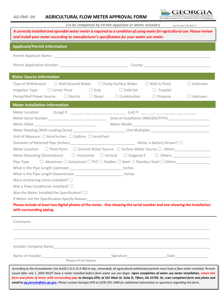 Form AG-FMF-04 Agricultural Flow Meter Approval Form - Georgia (United States), Page 1