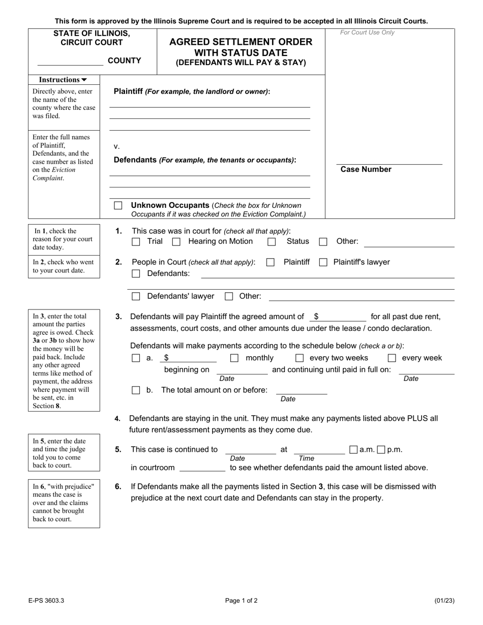Form E-PS3603.3 Agreed Settlement Order With Status Date (Defendants Will Pay  Stay) - Illinois, Page 1